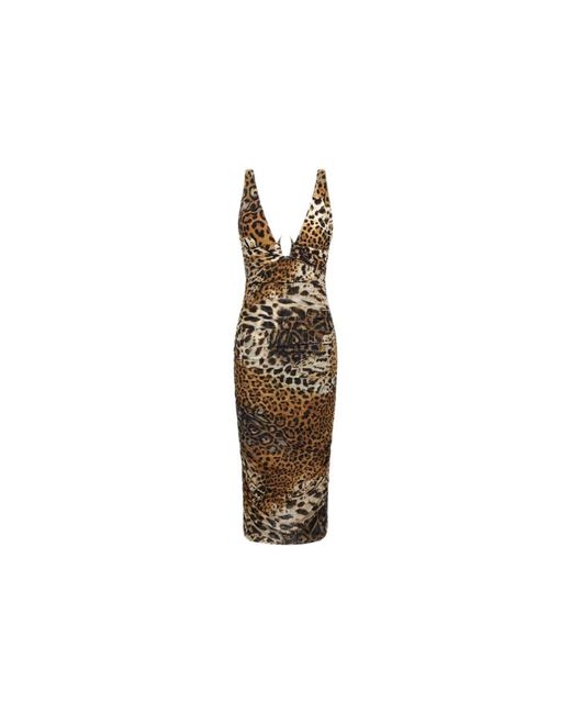 Roberto Cavalli Kleedjes ,Bruin ,Jaguar Print Jurk Bruin Vrouw in het Metallic
