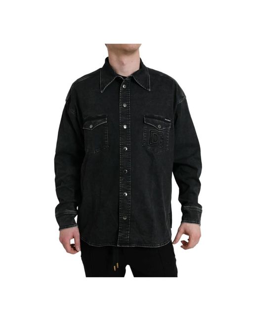 Camicia casual in denim di cotone nero di Dolce & Gabbana in Black da Uomo