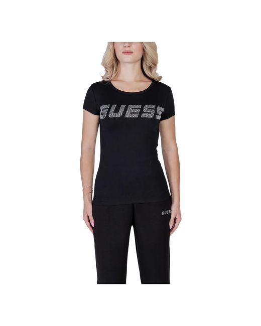 Guess Tops ,Zwart ,Katoen Zwart Bedrukt Ronde Hals T-Shirt Vrouwen in het Black