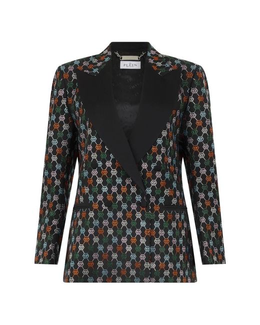 Philipp Plein Jassen ,Zwart ,Wol Double Breasted Marine Fit Blazer Monogram Strass in het Black