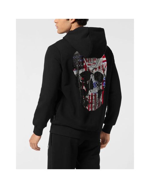Philipp Plein Hoodies & Sweatvesten ,Zwart ,Katoen Fleece Zip Hoodie Skull America in het Black voor heren