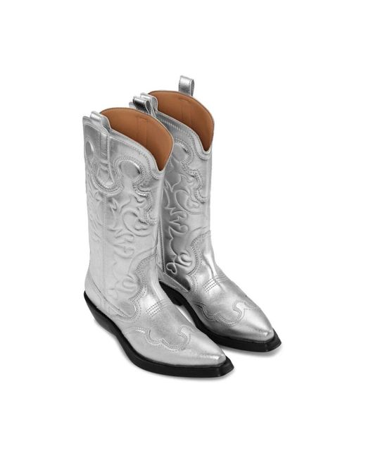 Ganni Gray Silberne Metallic-Bestickte Schlupfstiefel