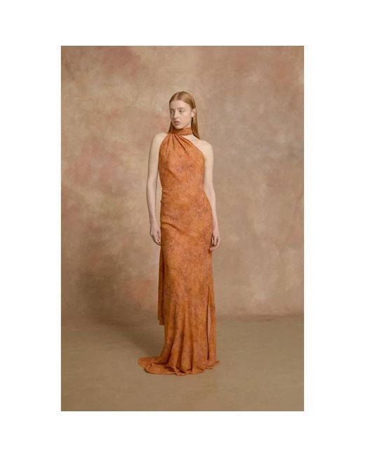 Cortana Kleedjes ,Oranje ,Sora Print Lange Zijden Jurk in het Brown