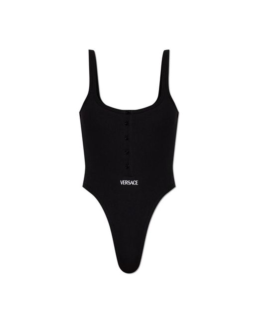 Versace Tops ,Zwart ,Katoen Logo Rib Bodysuit in het Black