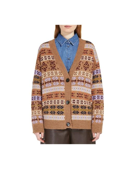 Max Mara Truien & Vesten ,Veelkleurig ,Wol Jacquard Cardigan Met Oversized Pasvorm in het Pink