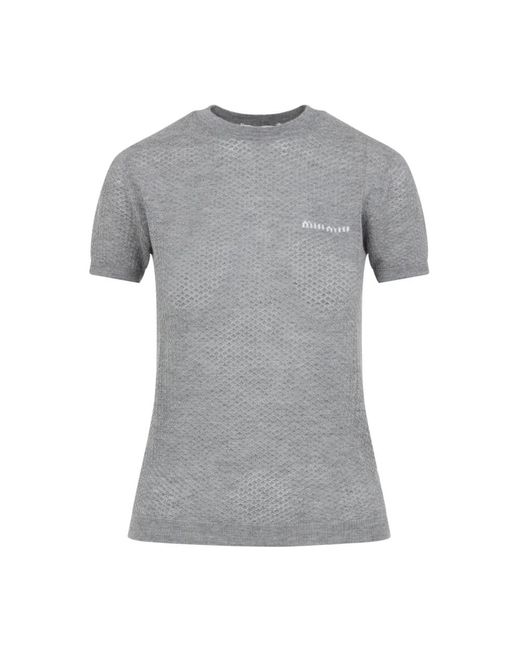 Miu Miu Gray Graues Cashmere T-Shirt Mit Logo-Inlay
