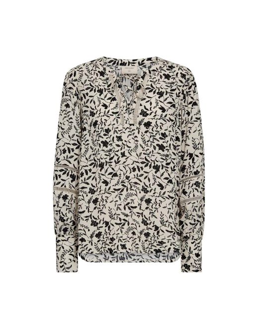 Freequent Natural Moonbeam/Schwarze Elegante Bluse Mit Print