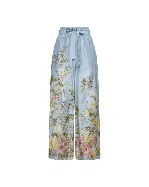 Zimmermann Blue Waverly Floral-print Straight-leg High-rise Silk Trousers