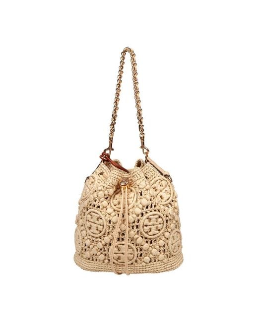 Tory Burch Metallic Monogrammed Raffia Bucket Bag