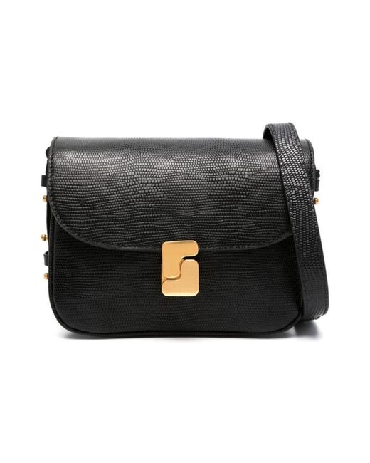 Soeur Black Schwarze leder-schultertasche mit eidechsenhaut-effekt