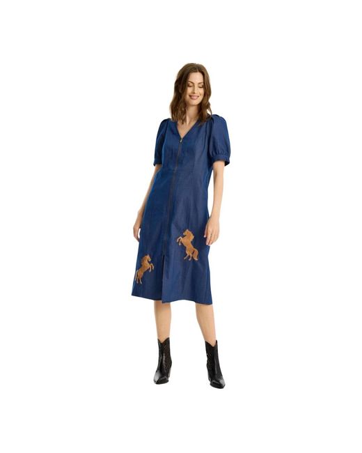 iN FRONT Kleedjes ,Blauw ,Denim Denim Camala Jurk Met Paarden Motieven in het Blue