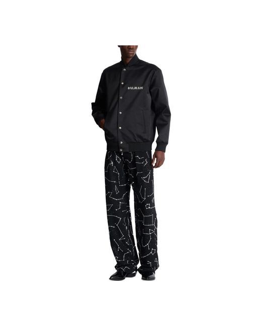 Balmain Jassen ,Zwart ,Polyester Satin Bomberjack Met Galaxy Borduursel in het Black voor heren