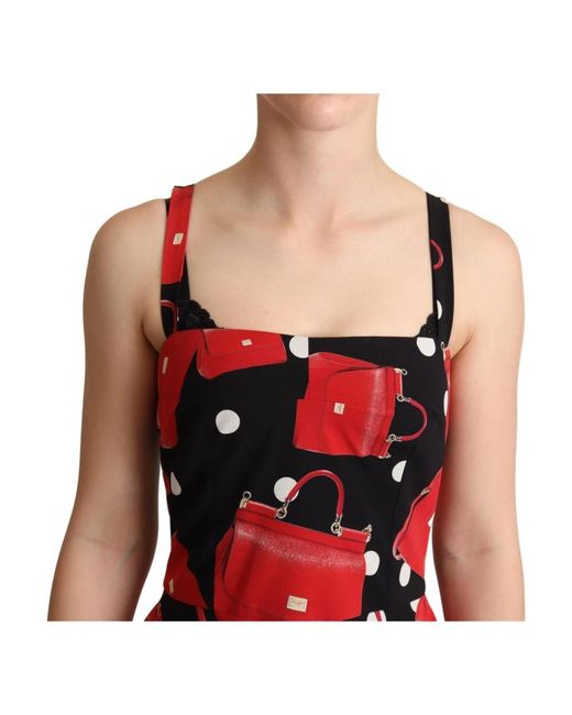 Dolce & Gabbana Red Schwarz-rotes, mittellanges A-Linien-Kleid mit Taschendruck