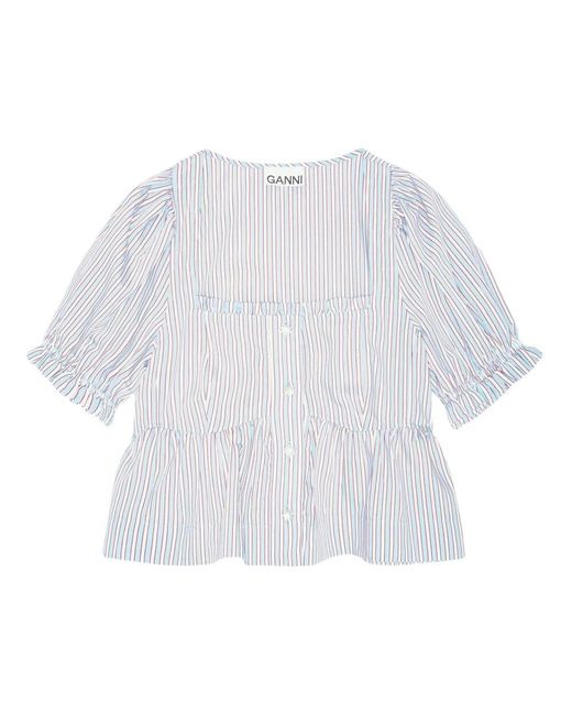 Ganni White Gestreifte Bluse Mit Puffärmeln