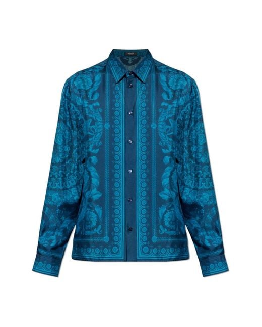 Versace Overhemden ,Blauw ,Gedrukte Slimfit Overhemd Van Zijde Twill in het Blue voor heren