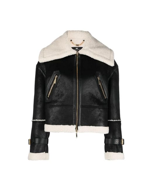 Elisabetta Franchi Aviator Stijl Imitatiebont Jas in het Black