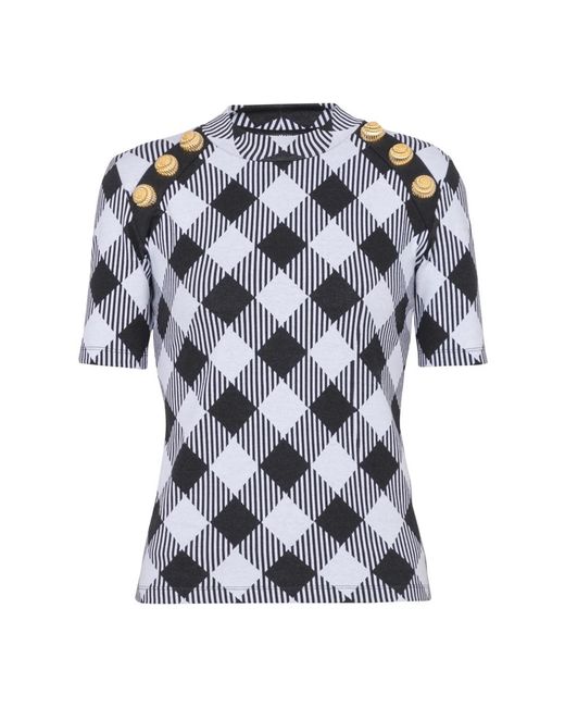 Balmain Blue T-Shirt Mit Vichy-Karo