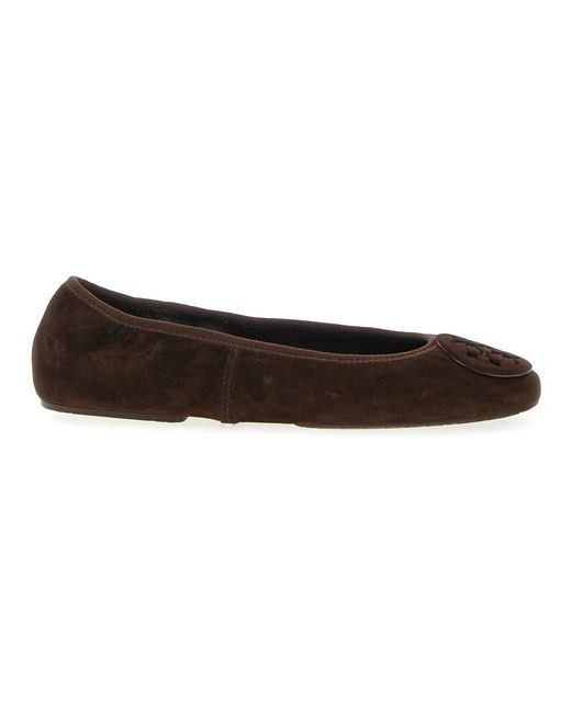 Tory Burch Minnie Travel Suede Ballet Flat in het Brown