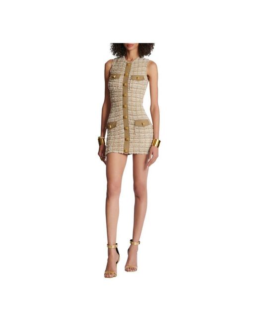 Balmain Natural Tweed ärmelloses minikleid mit kamel-einsätzen