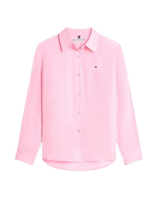 Tommy Hilfiger Overhemden ,Roze ,Linnen Button-Front Linnen Shirt in het Pink