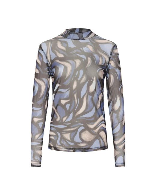 Kaffe Blue Blau/grau abstraktes grafik mesh bluse