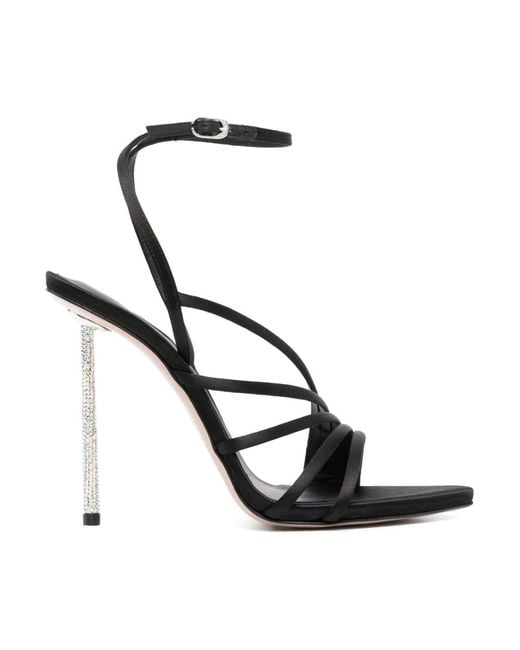 Le Silla Black Schwarze glitzernde satinsandalen mit kristallverzierung