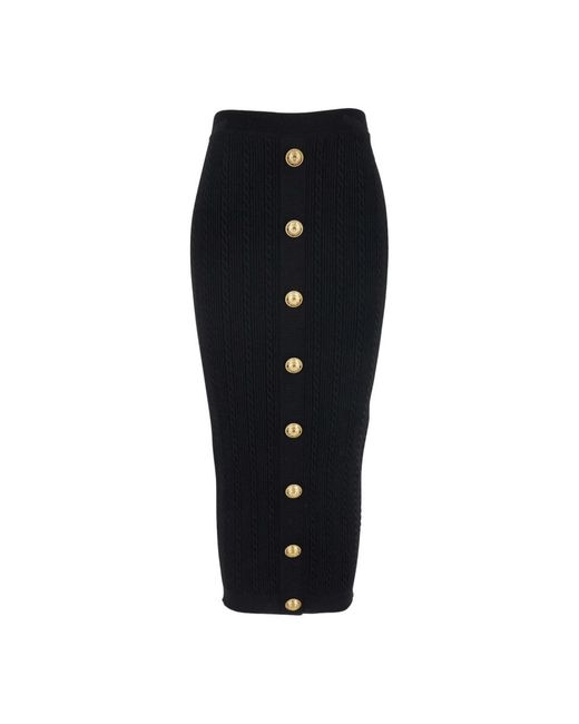 Balmain Rokken ,Zwart ,Polyester Zwarte Geribbelde Midi Rok Met Knopen in het Black