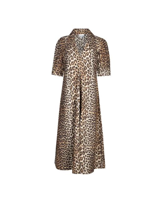 Ganni Natural Leopardenmuster Midi Kleid