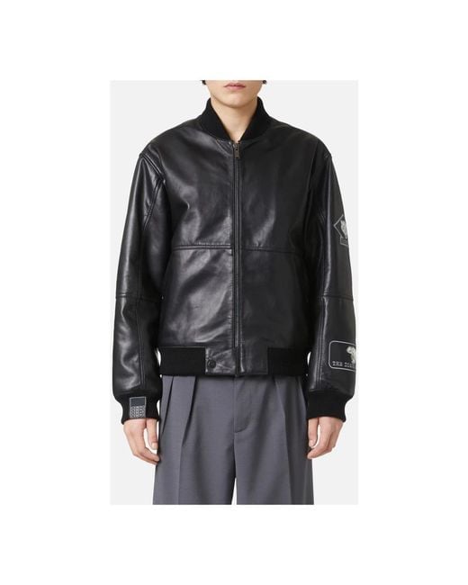 Iceberg Schwarze Lederbomberjacke Mit Gestickten Patches in Black für Herren