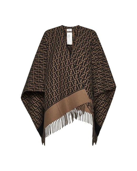Fendi Jassen ,Bruin ,Wol Jacquard Wol Kasjmier Poncho Franjes in het Brown