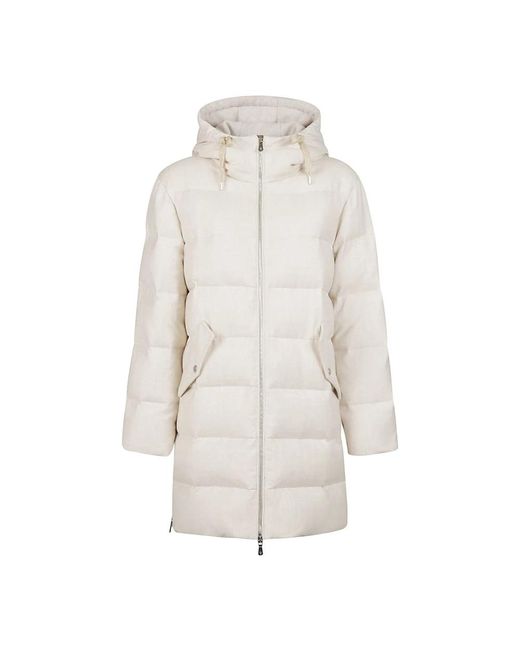 Eleventy White Langer Daunenmantel Mit Kapuze Und Strick