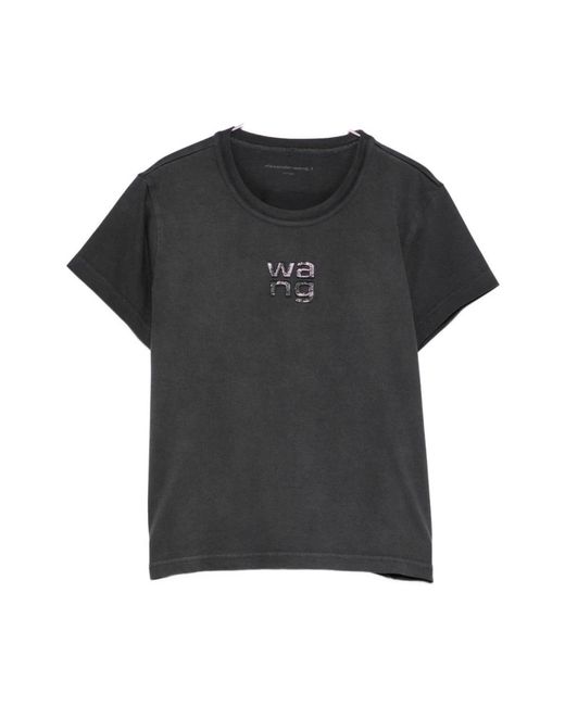 Alexander Wang Tops ,Zwart ,Katoen Crystal Hotfix Logo Jersey Shrunken in het Black
