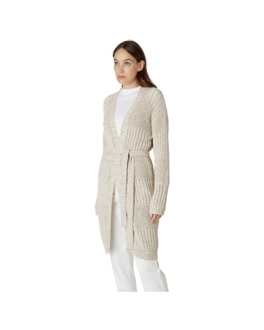Eleventy Natural Gestreifte Baumwoll-Strickjacke Mit Gürtel Und Lurex