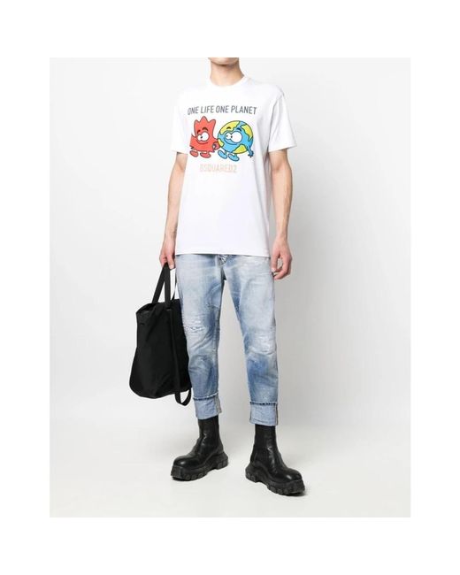 DSquared² Tops ,Wit ,Katoen One Life Planet Logo T-Shirt in het White voor heren