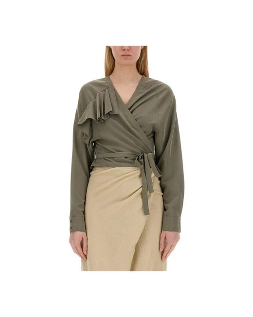 Alysi Overhemden ,Groen ,Leer Blouse Met Ruches En Overslag En Lange Mouwen in het Green