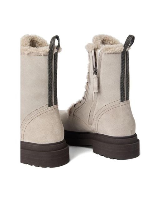 Brunello Cucinelli Brown Weiße Flache Schuhe Mit Shearling-Besatz