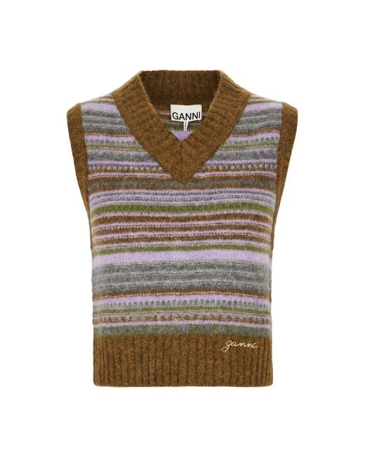 Ganni Brown V-Neck Knitwear