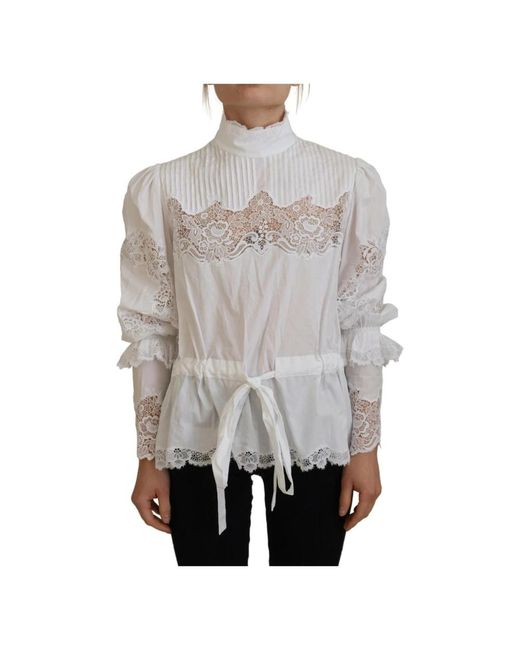 Dolce & Gabbana Overhemden ,Wit ,Katoen Witte Katoenen Blouse Met Kanten Afwerking En Col in het Gray