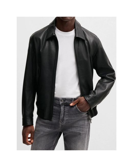 HUGO Black Leather Jackets for men