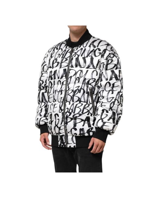 Dolce & Gabbana Jassen ,Wit ,Polyester Graffiti Logo Puffer Bomber Jacket in het Black voor heren