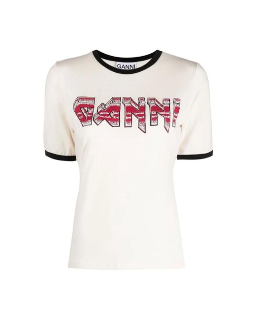 T-shirt in cotone con stampa logo di Ganni in Pink