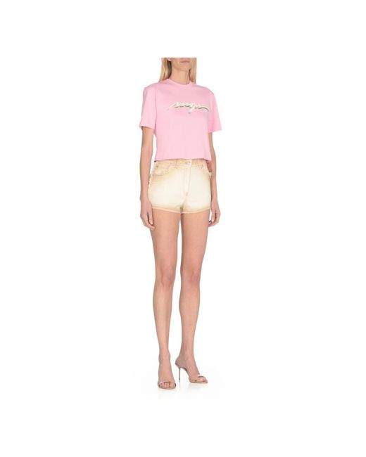 MSGM Pink Rosa baumwoll t-shirt runder ausschnitt logo
