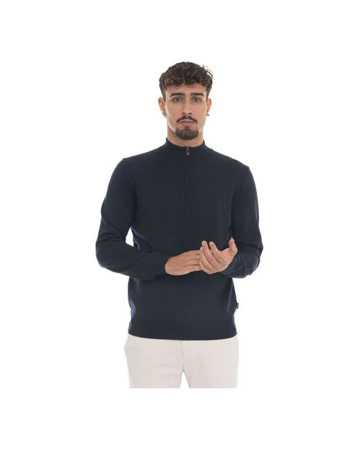 Boss Truien & Vesten ,Blauw ,Wol Halve Rits Wollen Trui Met Logo in het Blue voor heren
