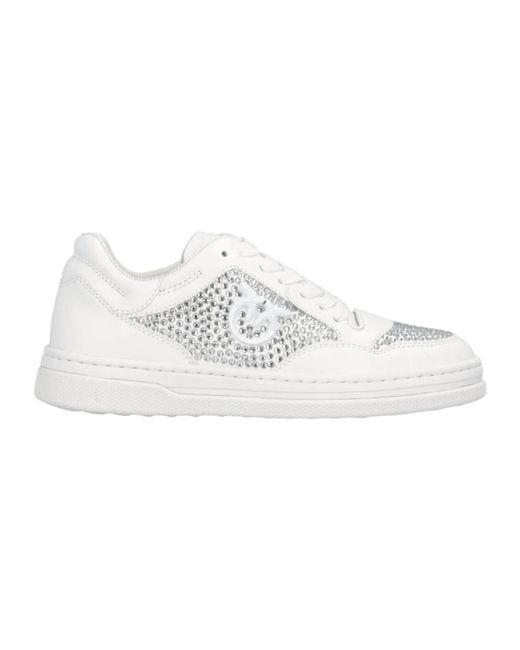 Pinko White Weiße Leder Strass Sneakers