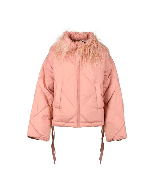 Twinset Jassen ,Roze ,Polyester Gewatteerde Jas Met Afneembare Struisvogel Kraag in het Pink