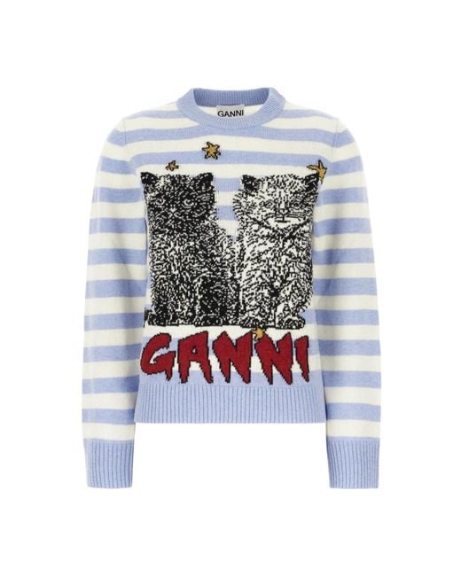 Ganni Blue Striped Graphic Cat Jumper Sweater