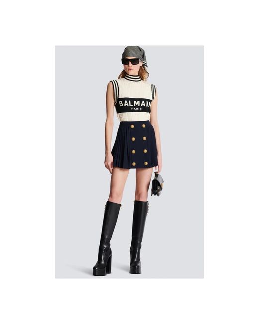 Balmain Rokken ,Blauw ,Wol Geplooide Rok Met Leeuwenkopknopen in het Blue