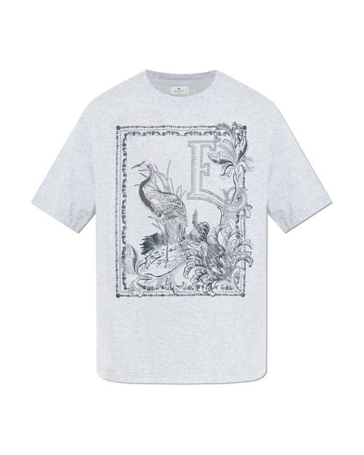 Etro Tops ,Grijs ,Katoen Katoenen T-Shirt Met Geplaatste Print in het Blue voor heren