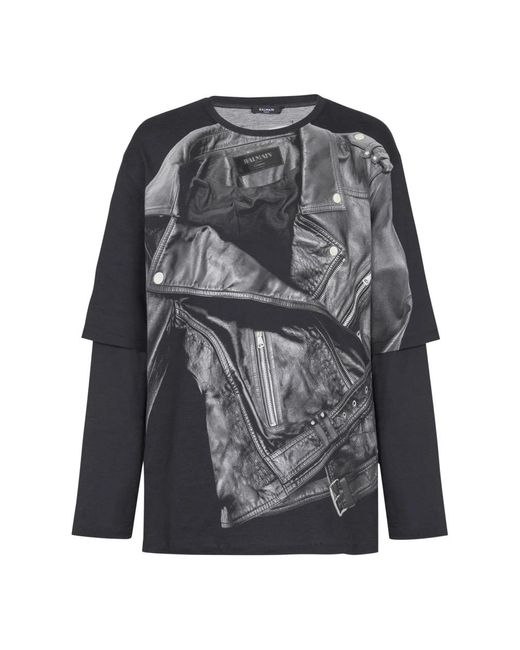 T-shirt a maniche lunghe in pelle trompe l`œil di Balmain in Gray da Uomo