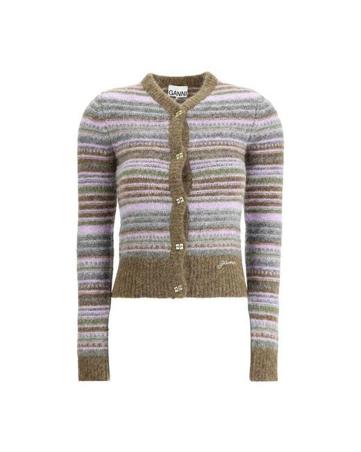 Ganni Gray Gestreifter merinowoll v-ausschnitt cardigan